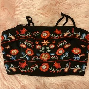 Embroidered Floral Black Crop Top